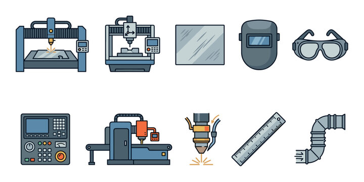 Various industrial manufacturing machinery, safety equipment, and precision tools are depicted in a comprehensive icon set illustrating modern production processes.