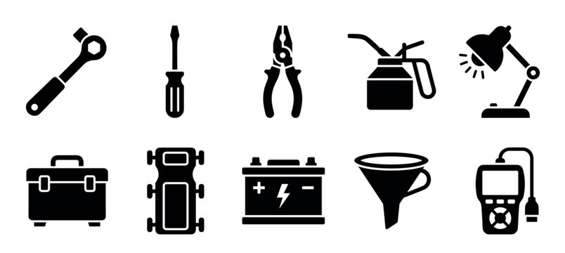 Automotive repair tools and equipment icons collection representing various maintenance instruments and diagnostic devices for vehicles.