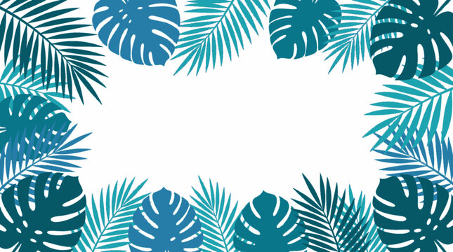 Blue Tropical Palm Leaves Border Frame With Summer Foliage Copy Space