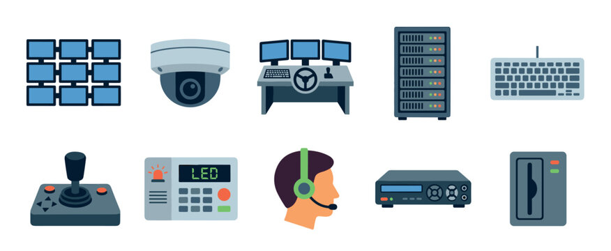 Security surveillance control system equipment icons collection, depicting various devices used for monitoring, protection, and operational management.