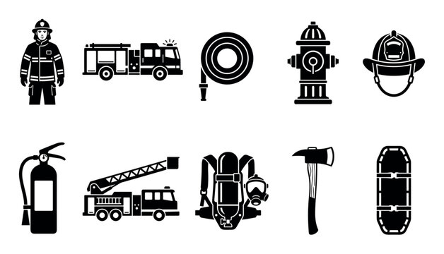 Firefighting equipment icons set including a firefighter, trucks, hose, hydrant, extinguisher, axe, and safety gear for emergency services.