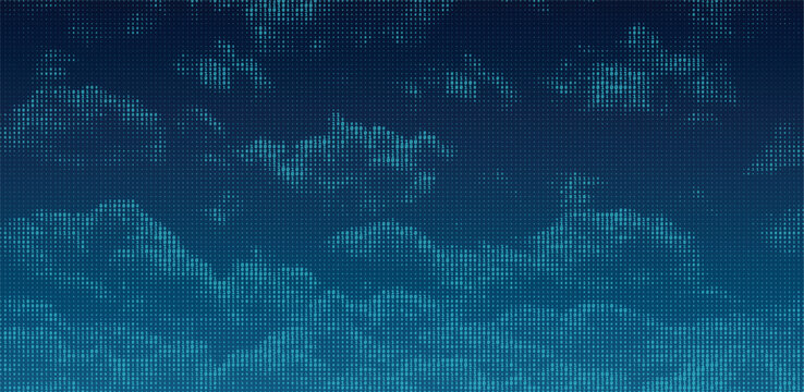 Vector binary code made glowing blue clouds on a dark background. Digital matrix data network texture futuristic sky backdrop.