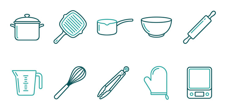 Various kitchen utensils and cookware items are neatly arranged in a clean, modern outline style, showcasing essential tools for cooking and baking.