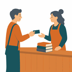 Obraz premium Vector illustration of a male customer handing a credit card to a female cashier at a bookstore counter with a stack of books, featuring a clean, flat aesthetic on a white background.