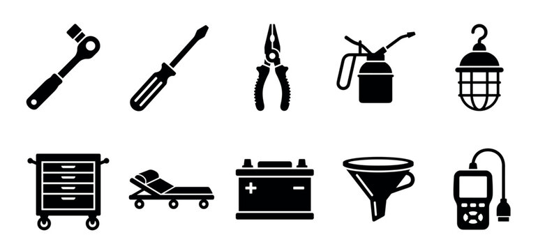 Automotive repair tools and garage equipment icons illustrating essential items for vehicle maintenance, diagnostics, and professional service.