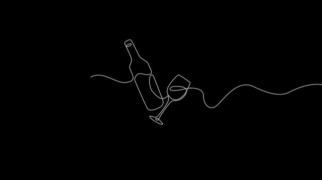 Minimalist Wine Bottle and Glass One Line Drawing In Black