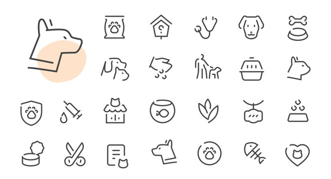 Dog care and veterinary outline icons set vector illustration