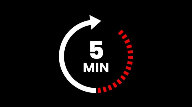 5 Min arrow clock icon animation on transparent background. Timer 5 minutes countdown clock with circular arrow. 5 Min arrow clock icon animation. arrow clock animation. alpha channel