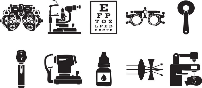 Ophthalmology equipment icons set, professional optometry tools vector collection, eye exam and vision care symbols