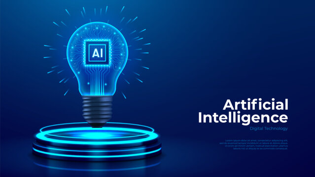 AI processor on technology podium. Vector illustration with futuristic AI chip inside glowing light bulb with circuit board lines connecting to microchip. Light bulb isolated on glowing podium.