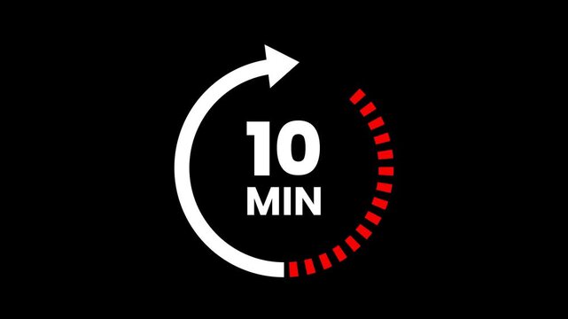 10 Min arrow clock icon animation on transparent background. Timer 10 minutes countdown clock with circular arrow. 10 Min arrow clock icon animation. arrow clock animation. alpha channel