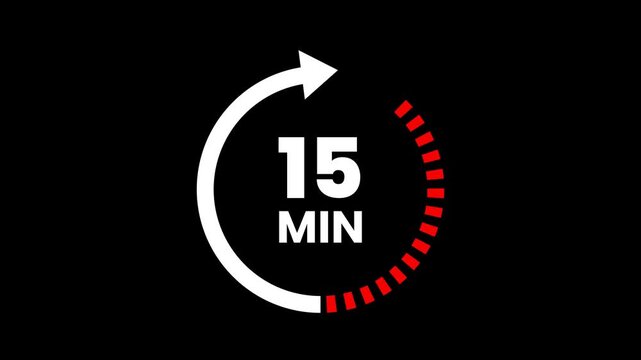 15 Min arrow clock icon animation on transparent background. Timer 15 minutes countdown clock with circular arrow. 15 Min arrow clock icon animation. arrow clock animation. alpha channel