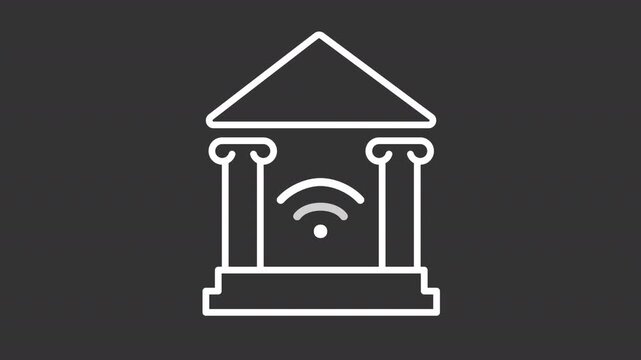 Minimalist e-government white line animation featuring an animated city building and wireless connectivity waves. Modern motion graphic representing smart governance, digitalization of public services