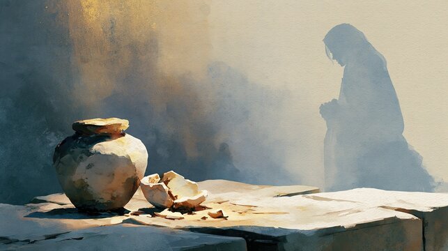 Broken Alabaster Jar with Praying Woman Silhouette, Devotional Watercolor Banner with Warm Light