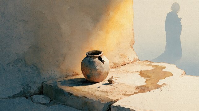 Broken Alabaster Jar on Ancient Stone with Faint Female Silhouette, Devotional Watercolor Banner