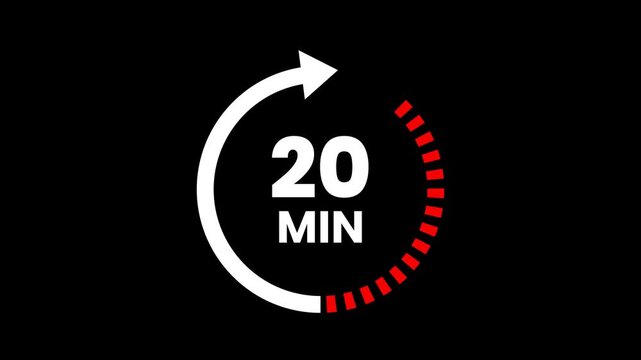 20 Min arrow clock icon animation on transparent background. Timer 20 minutes countdown clock with circular arrow. 20 Min arrow clock icon animation. arrow clock animation. alpha channel