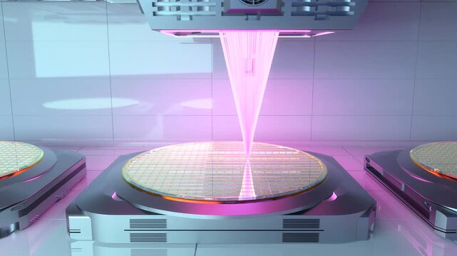 3d rendering EUV lithography systems with silicon wafers for semiconductor manufacturing 4k footage