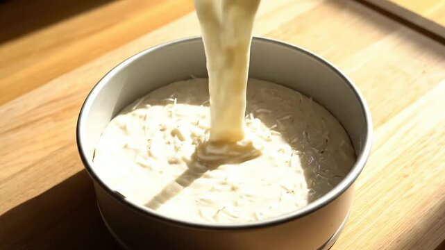 Coconut Milk Cake Batter Pouring Smoothly Into A Round Baking Pan Under Natural Light On A Wooden Surface