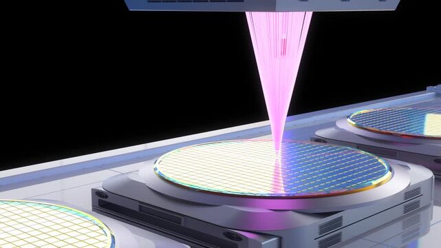 3d rendering EUV lithography systems with silicon wafers for semiconductor manufacturing isolated on black background 4k footage
