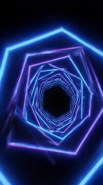 A neon hexagonal tunnel reveals blue light in abstract geometry