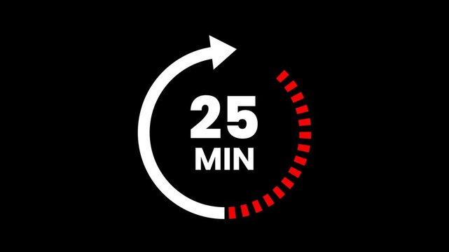 25 Min arrow clock icon animation on transparent background. Timer 25 minutes countdown clock with circular arrow. 25 Min arrow clock icon animation. arrow clock animation. alpha channel