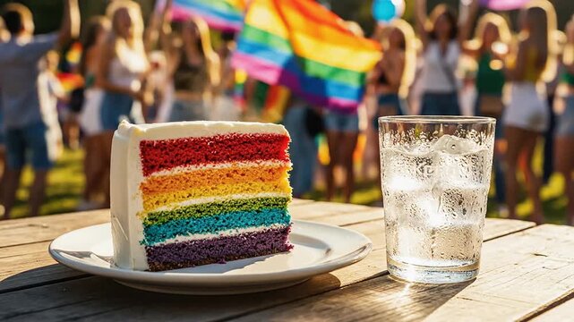 Colorful Outdoor Pride Celebration Featuring Rainbow Layer Cake And Festive Atmosphere With Joyful Friends, Table Setting And Celebration Vibes