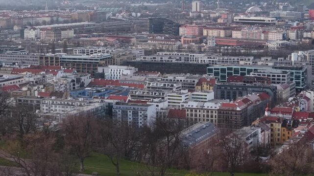 Drone Shot of Karlin Neighborhood of Prague Czech Republic Under Vitkov Hill on Spring Morning