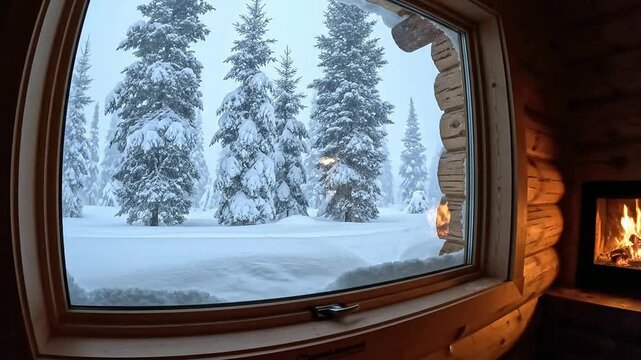 Cozy Cabin Winter Landscape View Through Large Window Featuring Snowy Trees and Glowing Fireplace Scene in 4K VR Perspective