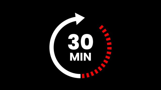 30 Min arrow clock icon animation on transparent background. Timer 30 minutes countdown clock with circular arrow. 30 Min arrow clock icon animation. arrow clock animation. alpha channel