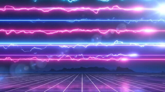 Abstract digital landscape with glowing neon lines and dark horizon