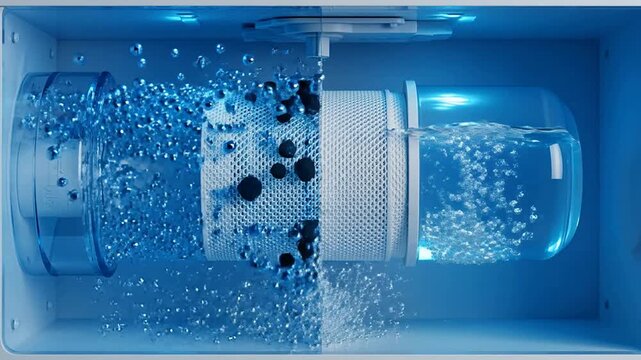 Cross-Sectional View Of Reverse Osmosis Membrane Housing Filtration Process With Flowing Blue Water And Particles Displaying Water Purification Technology