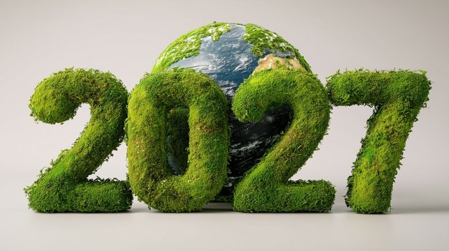 Moss Covered 2027 Numbers with Globe for Sustainable New Year Concept