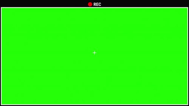 Recording camera recorder screen overlay, camera viewfinder, camera streaming recorder, DSLR camera frame viewfinder, rec text camera recording icon blink animation on green screen in UHD, 4K
