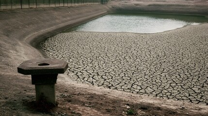 Naklejka premium An empty water reservoir displays deep cracked patterns emphasizing a profound sense of stillness and arid landscape