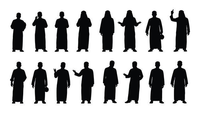 Collection Of People In Traditional Robes And Headwear Black Silhouette arab arabian attire clothing culture dark dress ethnic figure form