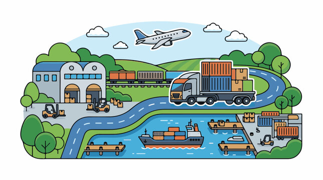 A colorful cartoon illustration depicting a bustling transportation hub with a warehouse, road, train, ship, and airplane