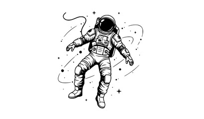 Floating Astronaut in Outer Space Monochrome Vector Illustration © Rune Veil