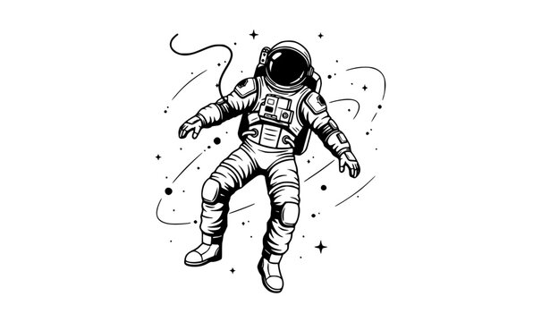 Floating Astronaut in Outer Space Monochrome Vector Illustration