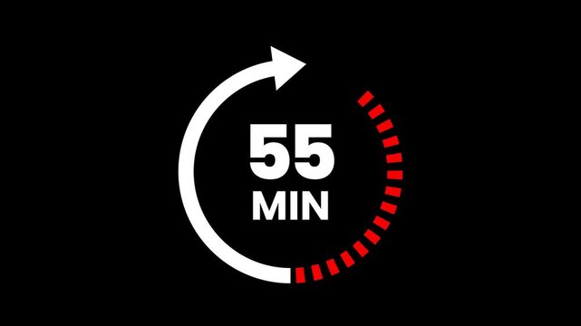 55 Min arrow clock icon animation on transparent background. Timer 55 minutes countdown clock with circular arrow. 55 Min arrow clock icon animation. arrow clock animation. alpha channel