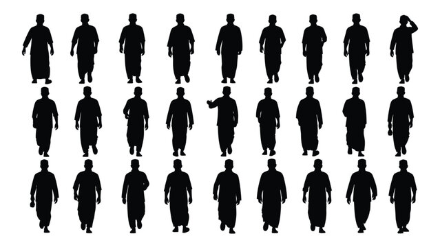 Collection of twenty five male figures in traditional lungi and kurta depicted as a black silhouette man men dark human