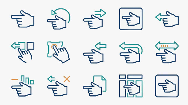 Clean Icons of Hand Gestures with Directional Arrows and Interactive Device Actions in Blue and Teal