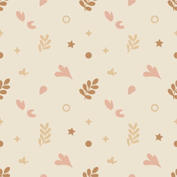 Minimalist boho seamless pattern with leaves and stars. Delicate boho botanical pattern for fabric and wrapping paper. Abstract seamless background with soft earthy leaves and sparkles. 
