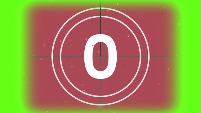 Red countdown 10 second animation overlay old film projector retro, film look, flicker, grain and scratches effect on transparent border background