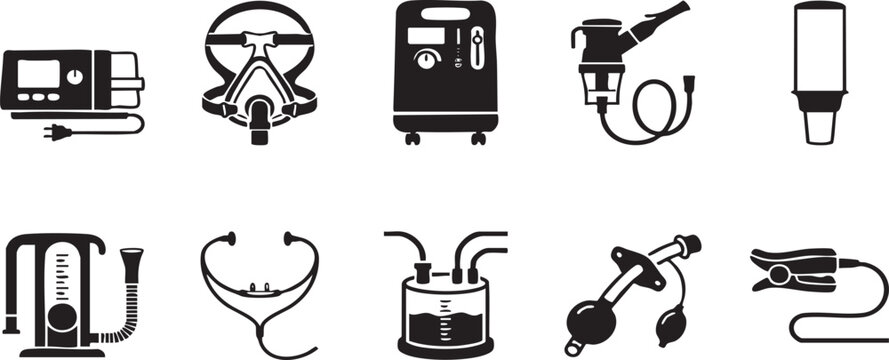 Medical oxygen therapy equipment icons, 10 respiratory care vector elements, breathing support device illustrations