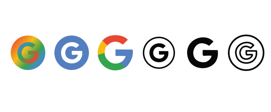 Set of google g logo variations, including colorful, blue, multicolored, and black and white outlined versions, june 22, 2026, in chittagong, bangladesh