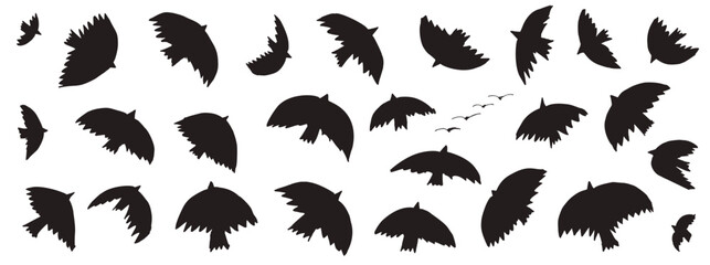 Fototapeta premium Bird flat silhouette set in simple black with flying dove shapes. Minimal bird icons as a set for pattern print or social post. Vector doodle in naive hand drawn dove and sketch art isolated on white