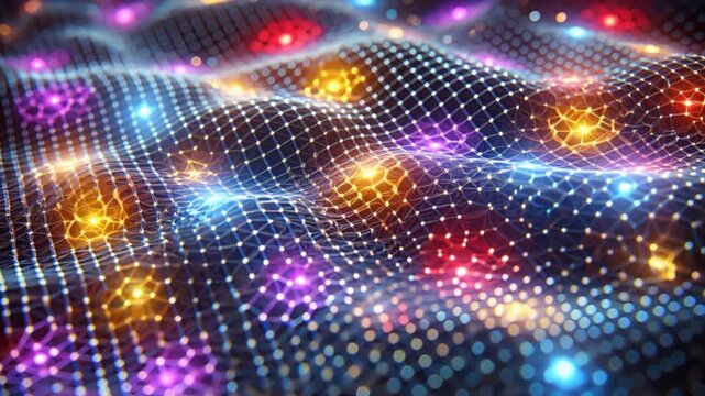 Video of glowing hexagonal mesh grid with futuristic digital patterns, representing technology, data and connectivity.