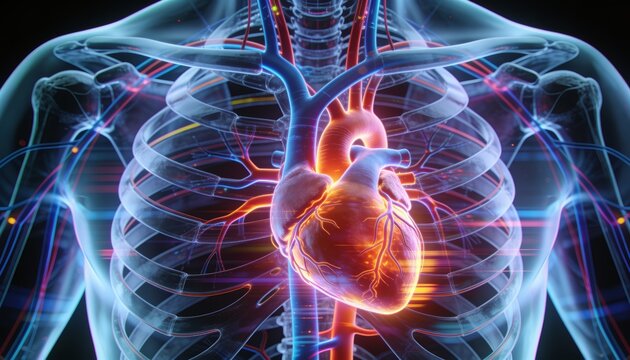 Showing frontal 3D thorax rendering emphasizing glowing heart and color coded vessels in studio