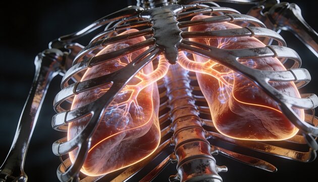 Showing human thoracic model glowing in dark studio render, with metallic ribs and lungs