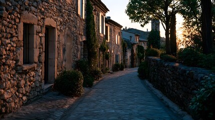Obraz premium A picturesque European village street bathed in the warm glow of golden hour creates a mood of quiet elegance and serene beauty
